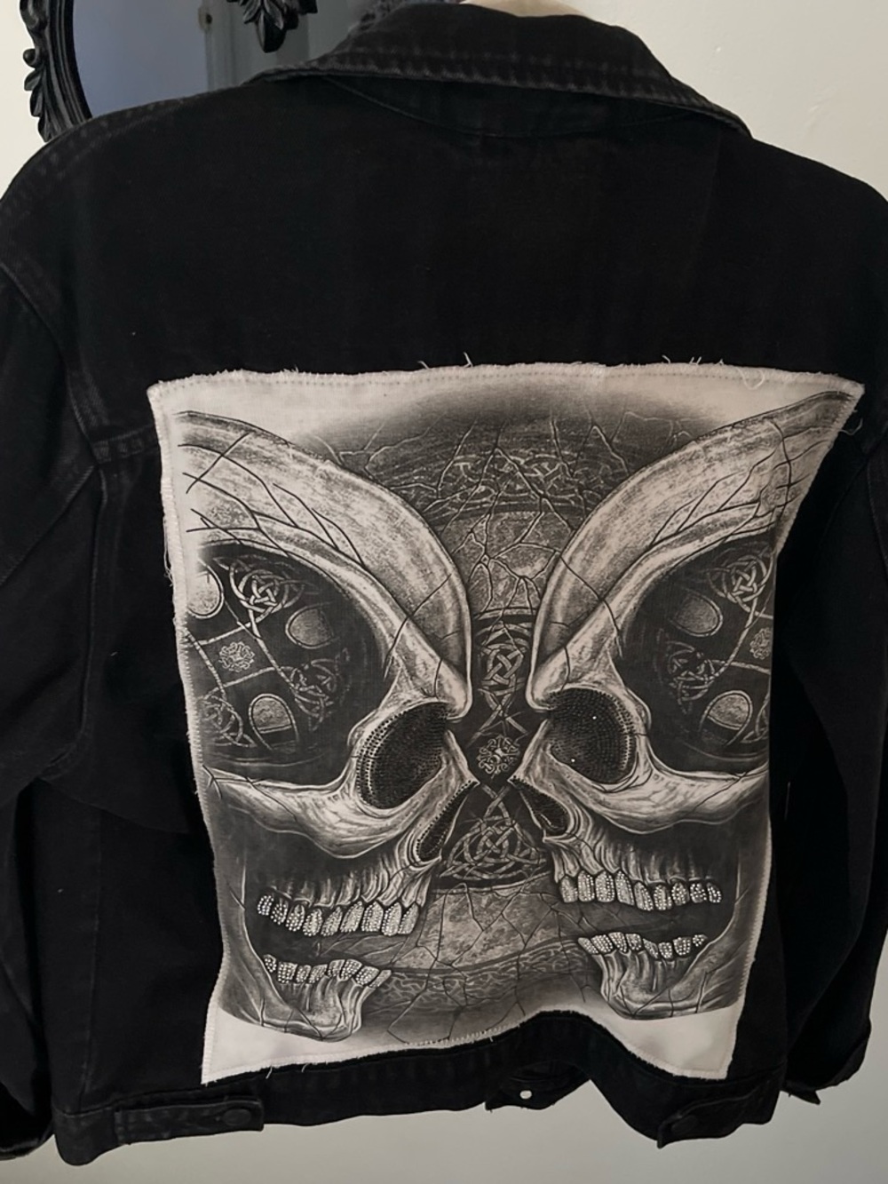 Men's Black Denim Jacket with Double Skull Back Patch
